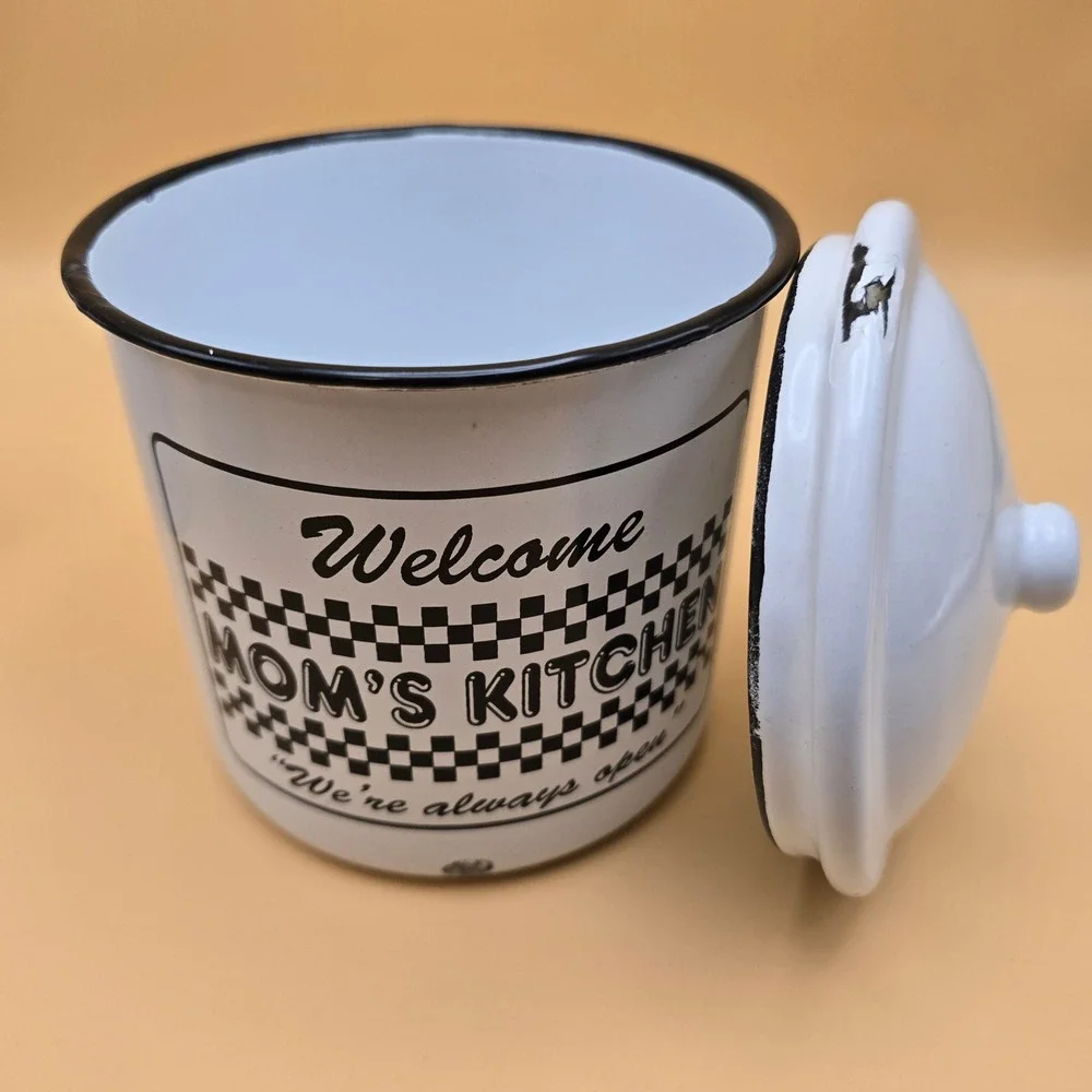 Vintage Mom's Kitchen Enamel Canister Set White Black Checkered 3 Piece Rustic
